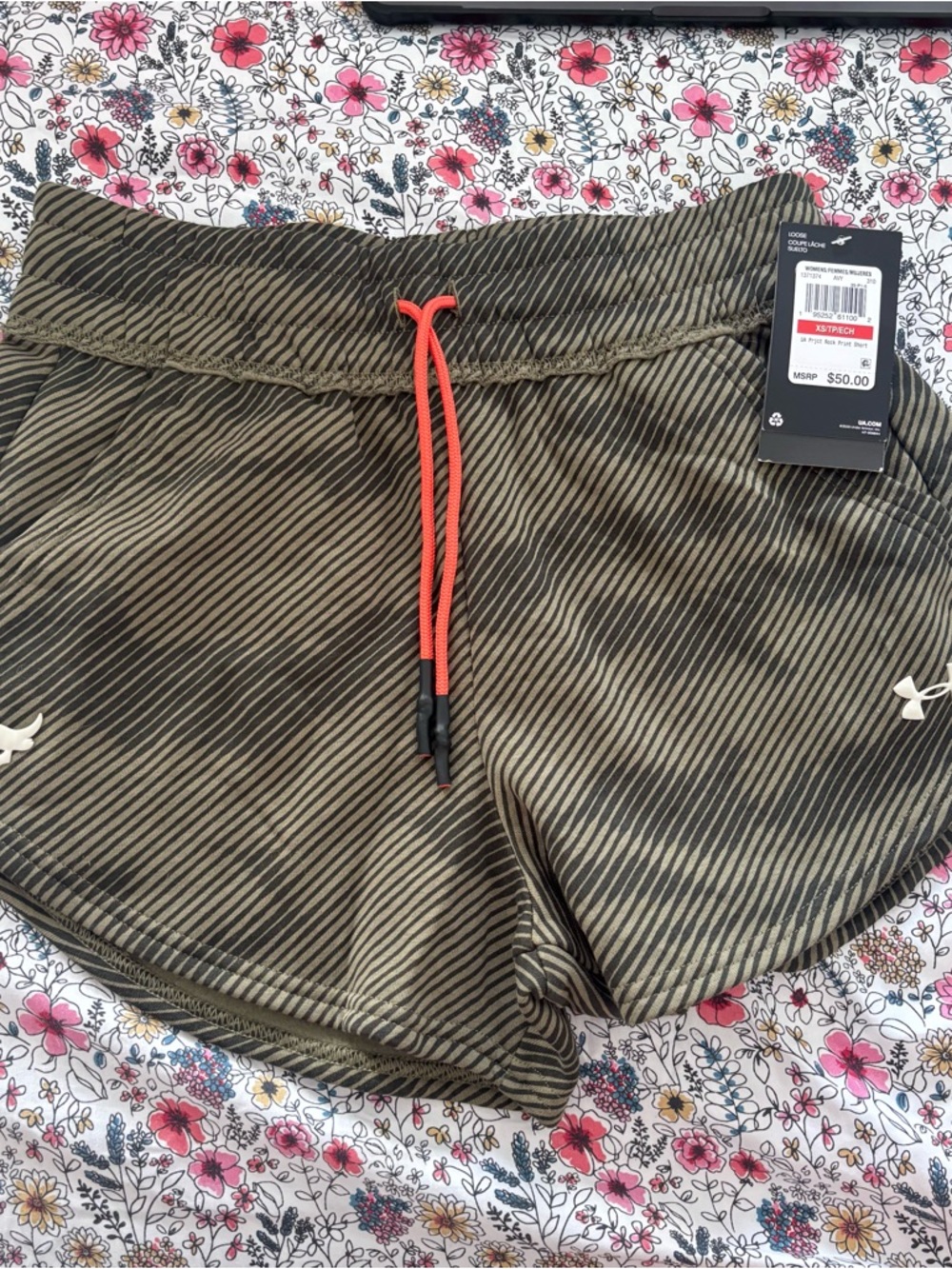 Under Armour Olive Striped Athletic Shorts with Coral Drawcord